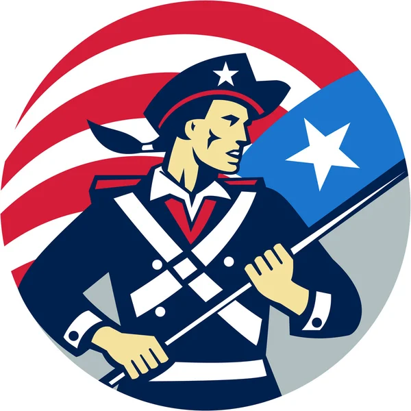 American Patriot Holding Brandish États-Unis Flag Circle Retro — Image vectorielle