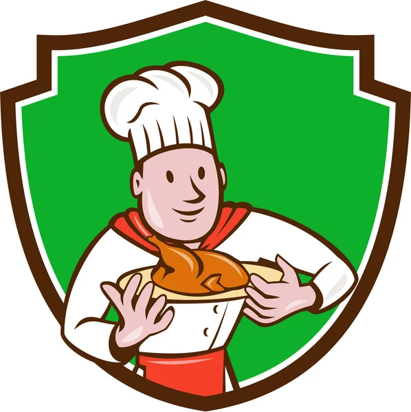 Chef Cook Roast Chicken Dish Crest Cartoon — Stock Vector