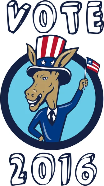 Stemming 2016 democraat Donkey mascotte vlag cirkel Cartoon — Stockvector