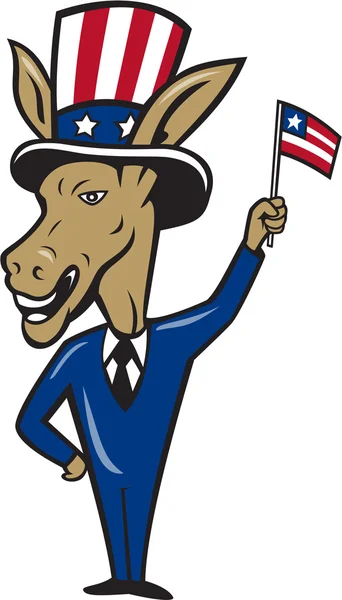 Democratico asino mascotte sventolando bandiera cartone animato — Vettoriale Stock