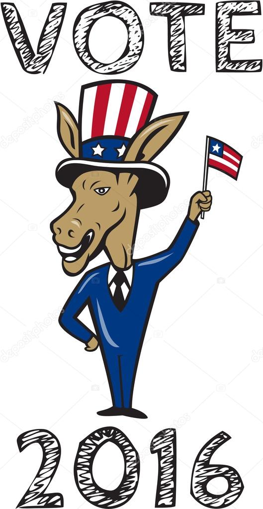 Vote 2016 Democrat Donkey Mascot Flag Cartoon