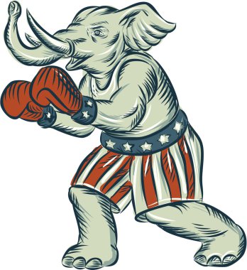 Republican Elephant Boxer Mascot Isolated Etching clipart