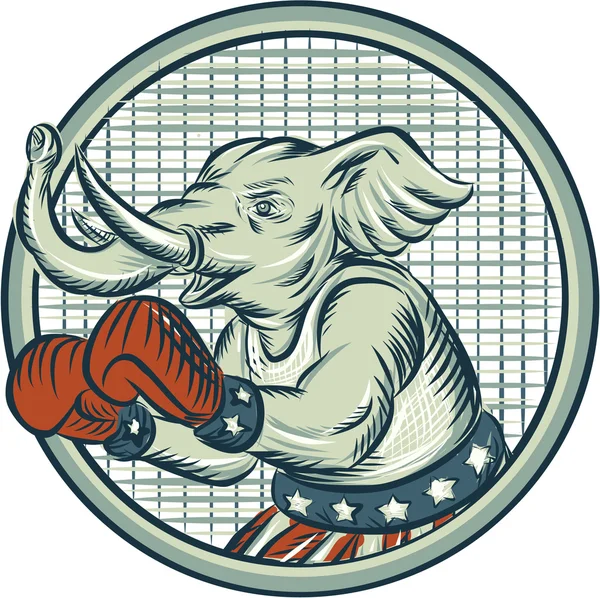 Republican Elephant Boxer Mascot Circle Etching — Stock Vector