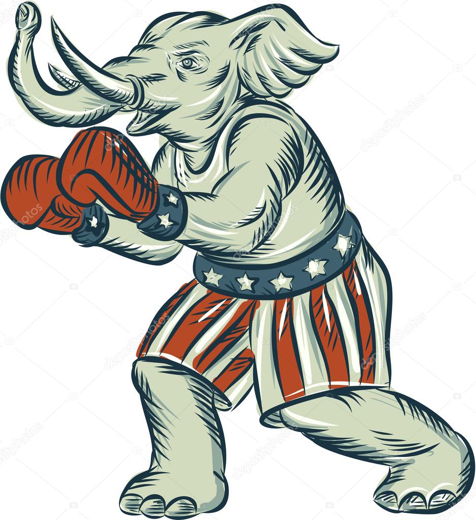 Republican Elephant Boxer Mascot Isolated Etching