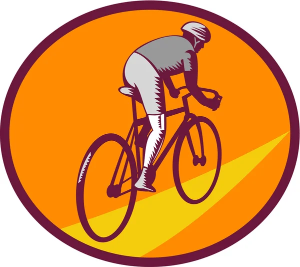 楕円形の木版画をサイクリング自転車に乗るサイクリスト — ストックベクタ