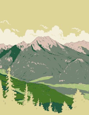 WPA stili ukiyo-e ya da Berchtesgaden Alpleri 'nin Ukiiyo illüstrasyonu Kehlstein' den Berchtesgaden Ulusal Parkı Bavyera 'daki Goll Massif' de görülür.