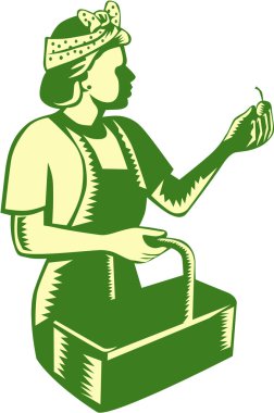 Female Fruit Picker Worker Basket Woodcut