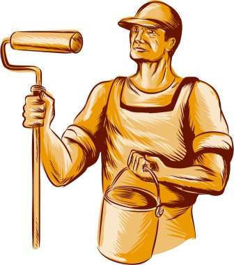 House Painter Holding Paint Roller Etching