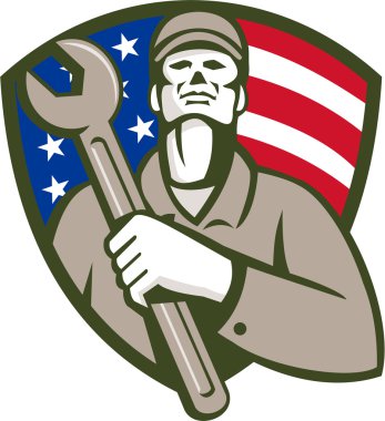 Mechanic Holding Wrench USA Flag Shield Retro