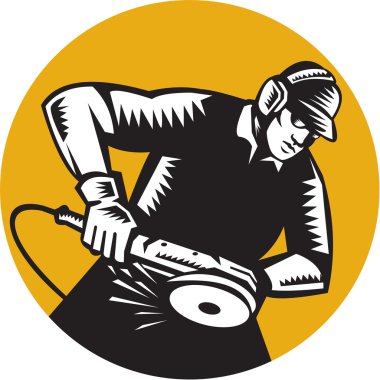 Worker Angle Grinder Oval Woodcut