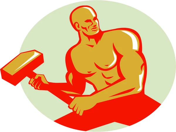 Athlete With Sledgehammer Training Oval Retro — Stockvector