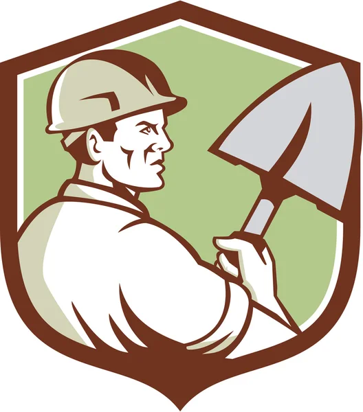 Construction Worker Spade Crest Retro — ストックベクタ
