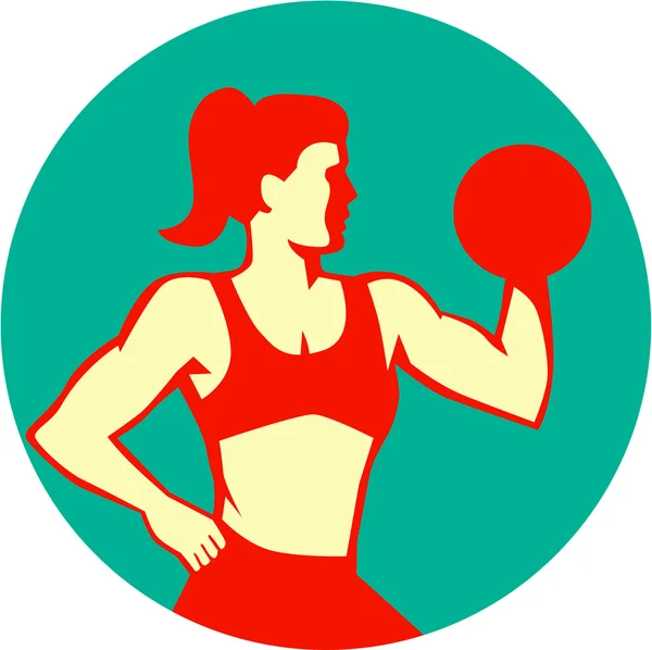 Female Lifting Dumbbell Circle Retro — Stock Vector