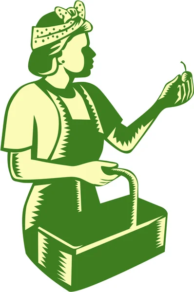 Femmina frutta raccoglitore lavoratore cestino Woodcut — Vettoriale Stock