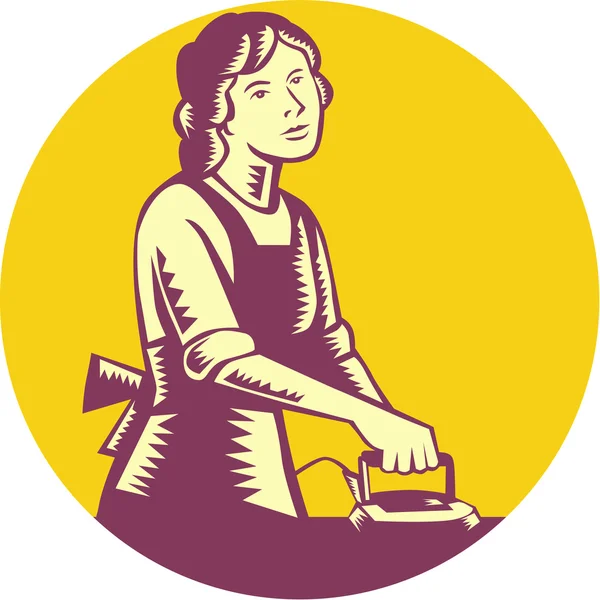 Ama de casa Ironing Circle Woodcut — Archivo Imágenes Vectoriales