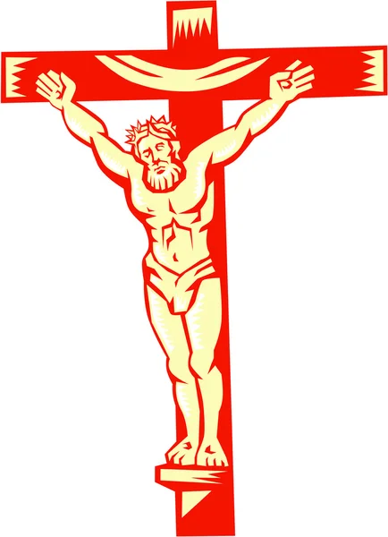 Jesus Christ On Cross Woodcut — Stock Vector