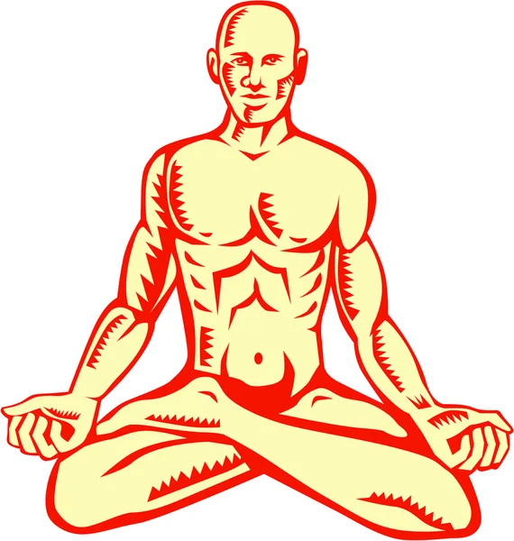 Hombre Lotus Posición Asana Woodcut — Vector de stock