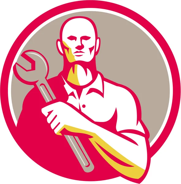 Mechanic Holding Wrench Circle Retro — Stockvector