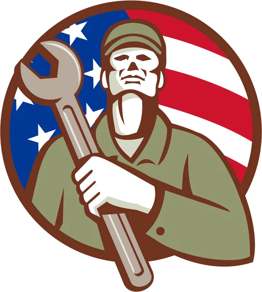 Mechanic Holding Wrench USA Flag Circle Retro — Stockový vektor