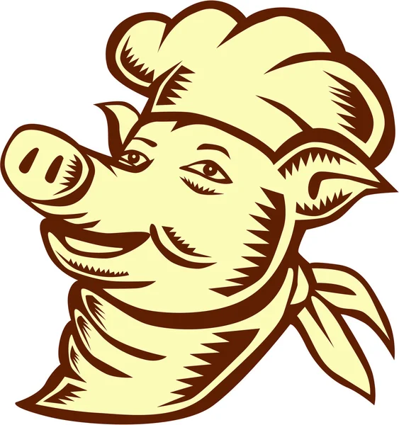 Pig Chef Cook Head Looking Up Woodcut — Stockvector