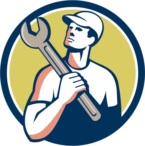 Tradesman Mechanic Spanner Circle Retro — Stok Vektör