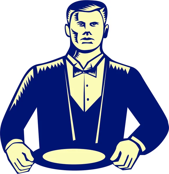 Cameriere Cravat Piatto di servizio Woodcut — Vettoriale Stock