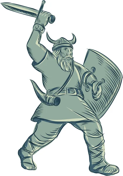 Viking Warrior Striking Sword Etching — Stock Vector