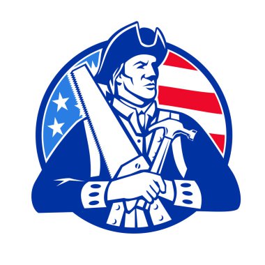 Bir Amerikan devrimci vatanseverinin çekiçli ve marangoz müteahhiti olarak izole edilmiş arka planda yıldız ve çizgili bayrak ile çevrelenmiş bir şekilde görülüşü..