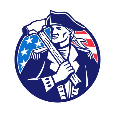 Amerikan devrimci asker vatanseverin inşaat işçisi olarak balyozla yıkım ya da yıkım ekibi olarak izole edilmiş arka planda ABD bayrağı ile daire içine alınmış logo tasviri..