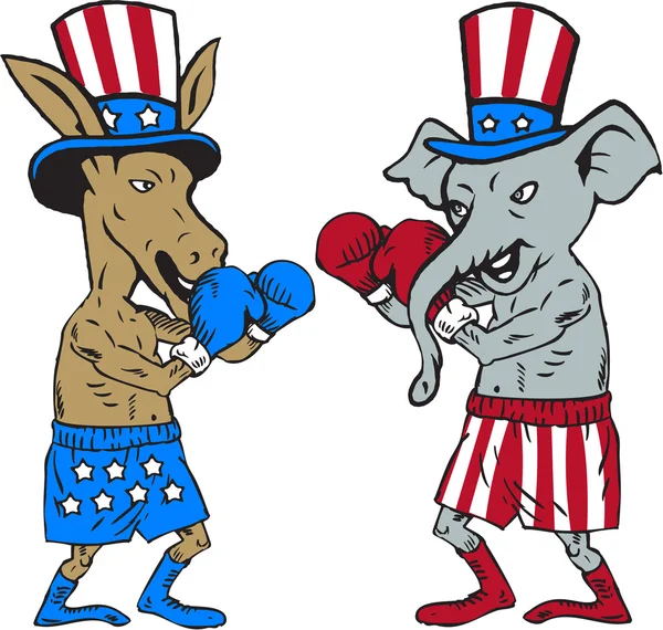 Boxeador de burros demócrata y elefante republicano — Archivo Imágenes Vectoriales