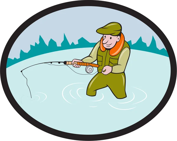 Fly Fisherman Cartoon — Stok Vektör