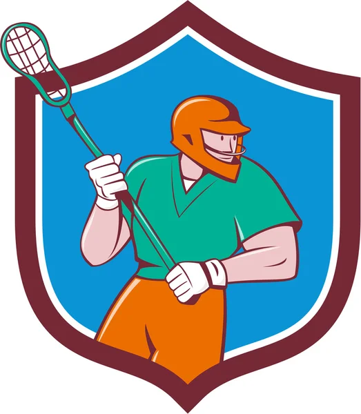 Lacrosse Player Crosse Stick Running Shield Cartoon — Stock Vector