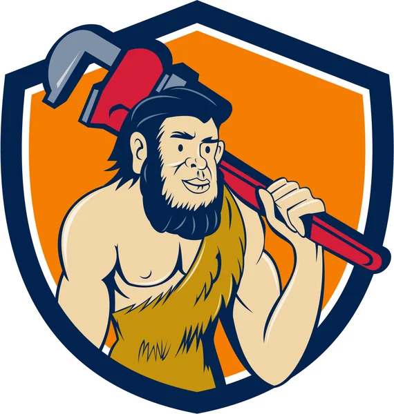 Neanderthal CaveMan Plumber Monkey Wrench Shield Dibujos animados — Vector de stock