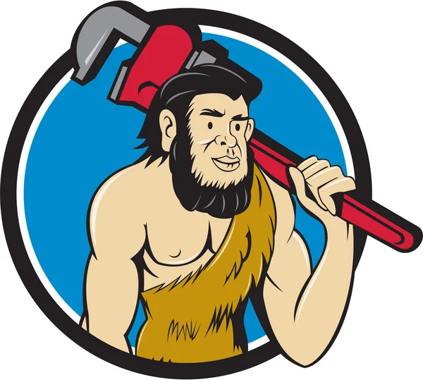 Neanderthal caveman idraulico scimmia chiave cerchio cartone animato — Vettoriale Stock