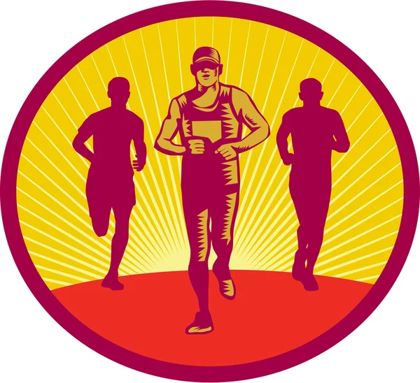 Gravure sur bois de Marathon Runner cercle — Image vectorielle