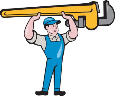 İngiliz anahtarı izole karikatür kaldırma tesisatçı