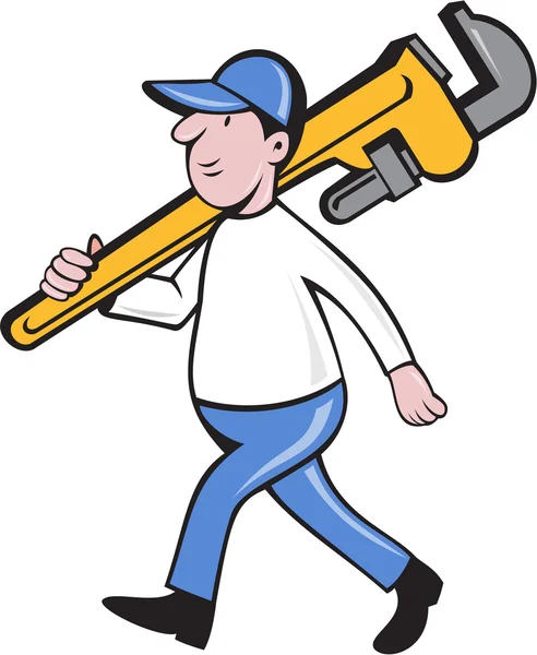 Plumber Holding Monkey Wrench Isolated Cartoon — Stock Vector