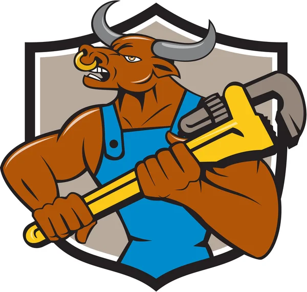 Cartoon of Minotaur Bull Bulber Wrench Crest — стоковый вектор