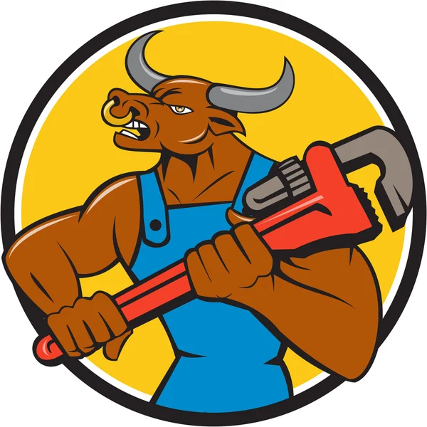 Minotaur Bull loodgieter moersleutel cirkel Cartoon — Stockvector