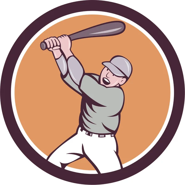 Jugador de béisbol americano bateo Homer Circle Cartoon — Vector de stock