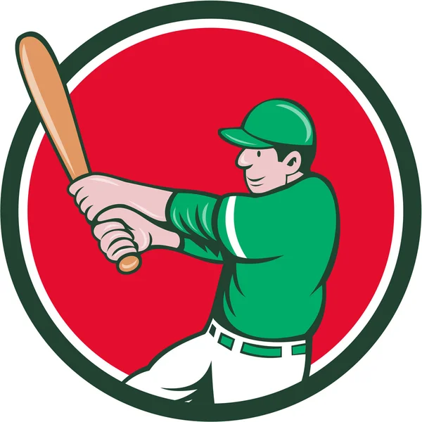 Honkbal speler slagman swingende Bat cirkel Cartoon — Stockvector