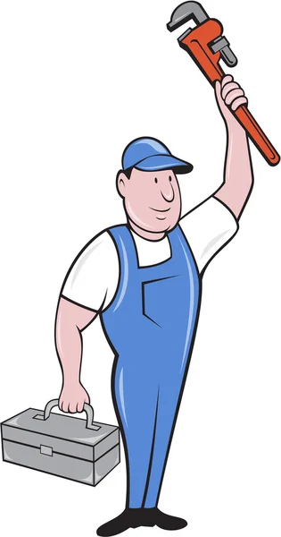 Loodgieter Toolbox verhogen Monkey Wrench Cartoon — Stockvector