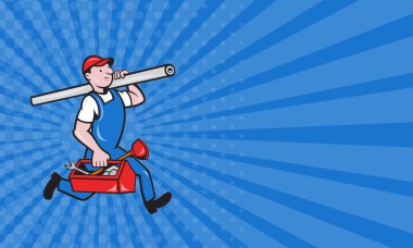 Business card Plumber With Pipe Toolbox Cartoon