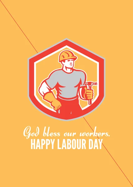 Labor Day Greeting Card Builder Carpenter Hammer Shield — Stock Photo, Image