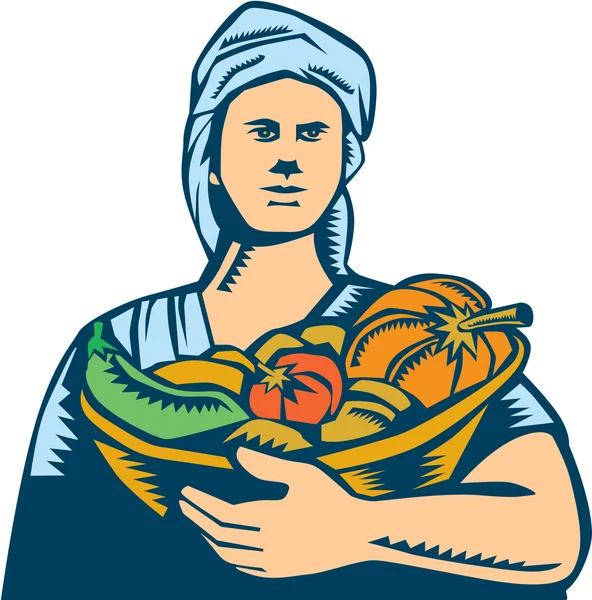 Lady Organic Farmer Produzir colheita Woodcut — Vetor de Stock
