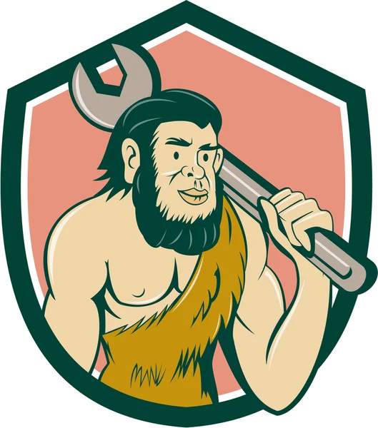 Neanderthaler Caveman met Spanner Crest Cartoon — Stockvector