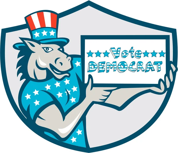 Voto Demócrata Burro Mascota Escudo Dibujos animados — Archivo Imágenes Vectoriales