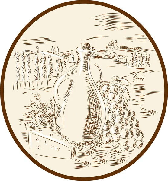 Olive Oil Jar Cheese Tuscan Countryside Etching — Stock Vector