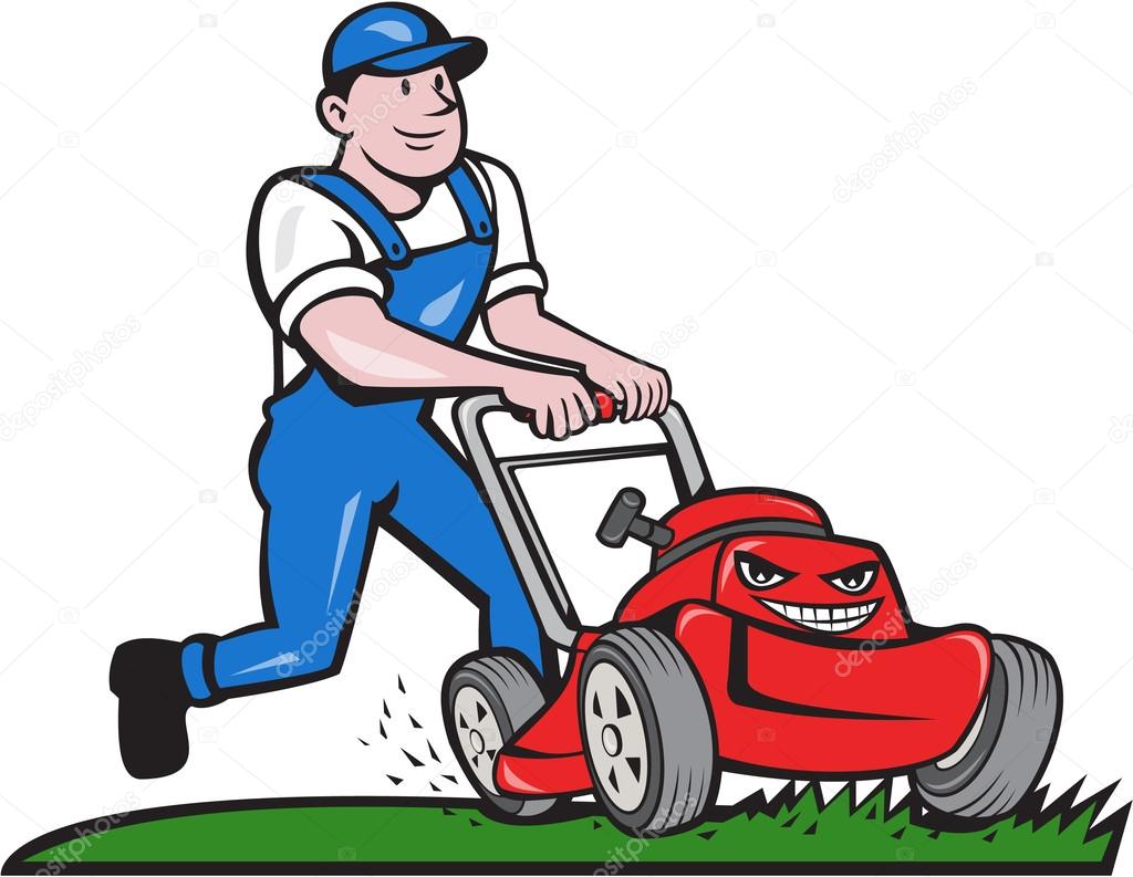 Gardener Mowing Lawn Mower Cartoon