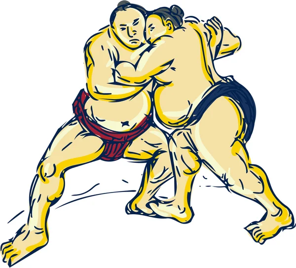 Japanese Sumo Wrestler Wrestling Drawing — Stock Vector